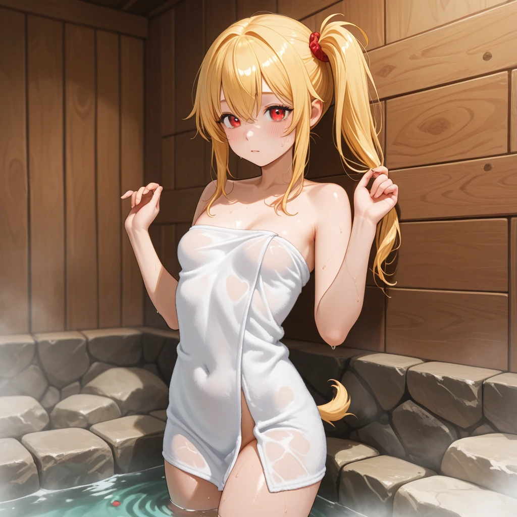 masterpiece, blonde young girl wearing an orange towel around her body in a hot spring, idol , twintails, big breast, kanojo, thin body,  1girl, green eyes, hot spring, fangs, ((bath towel))