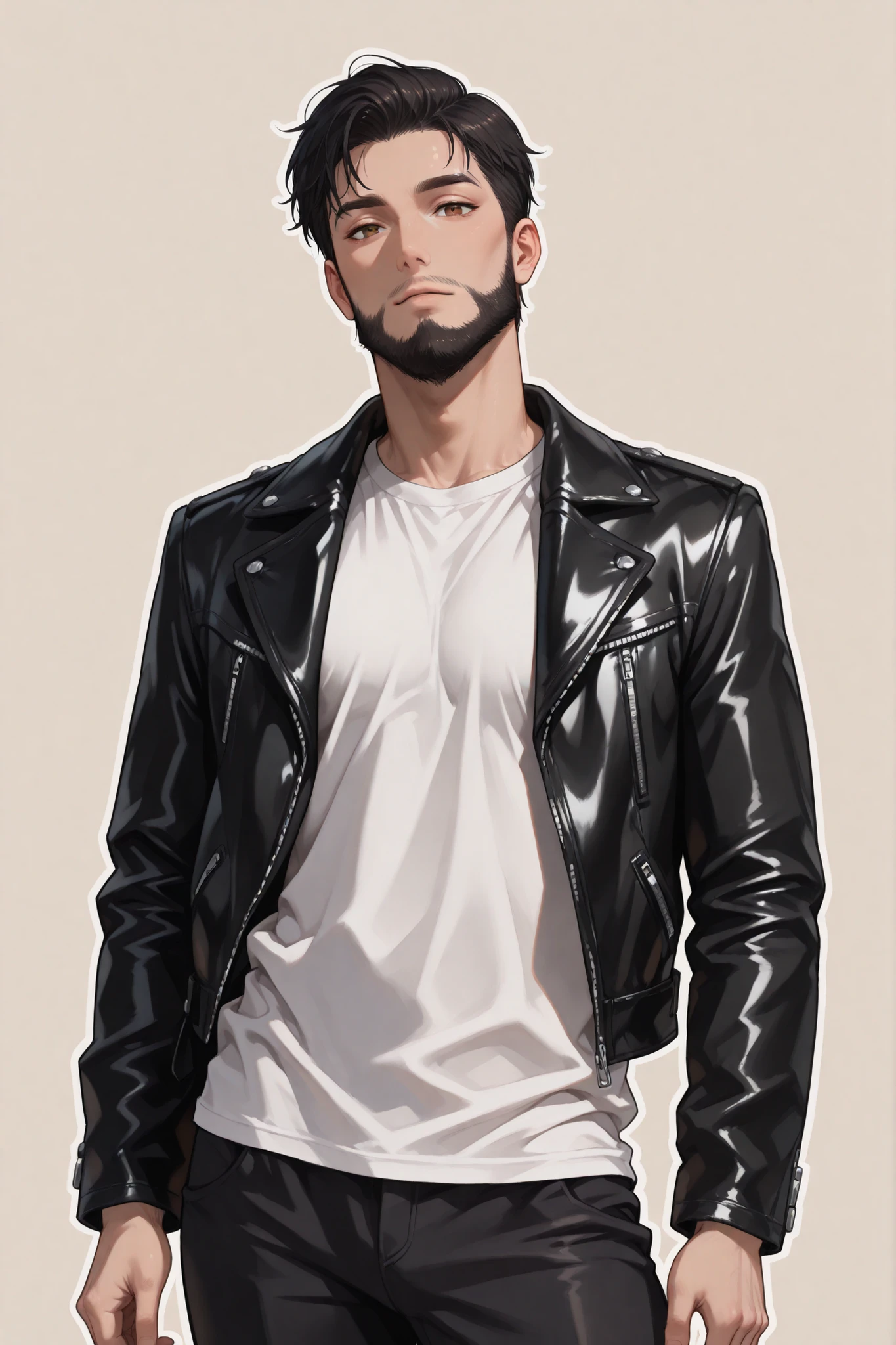 (masterpiece), best quality, expressive eyes, perfect face,1 man, young man, short hairs, black hairs, brown eyes, looking at viewer, cowboy shot, (( white t shirt, black formal pants, leather jacket)), ((lean body, short hair, beard, black hairs)), (plain background), semi realistic, Balletcore, white outline,