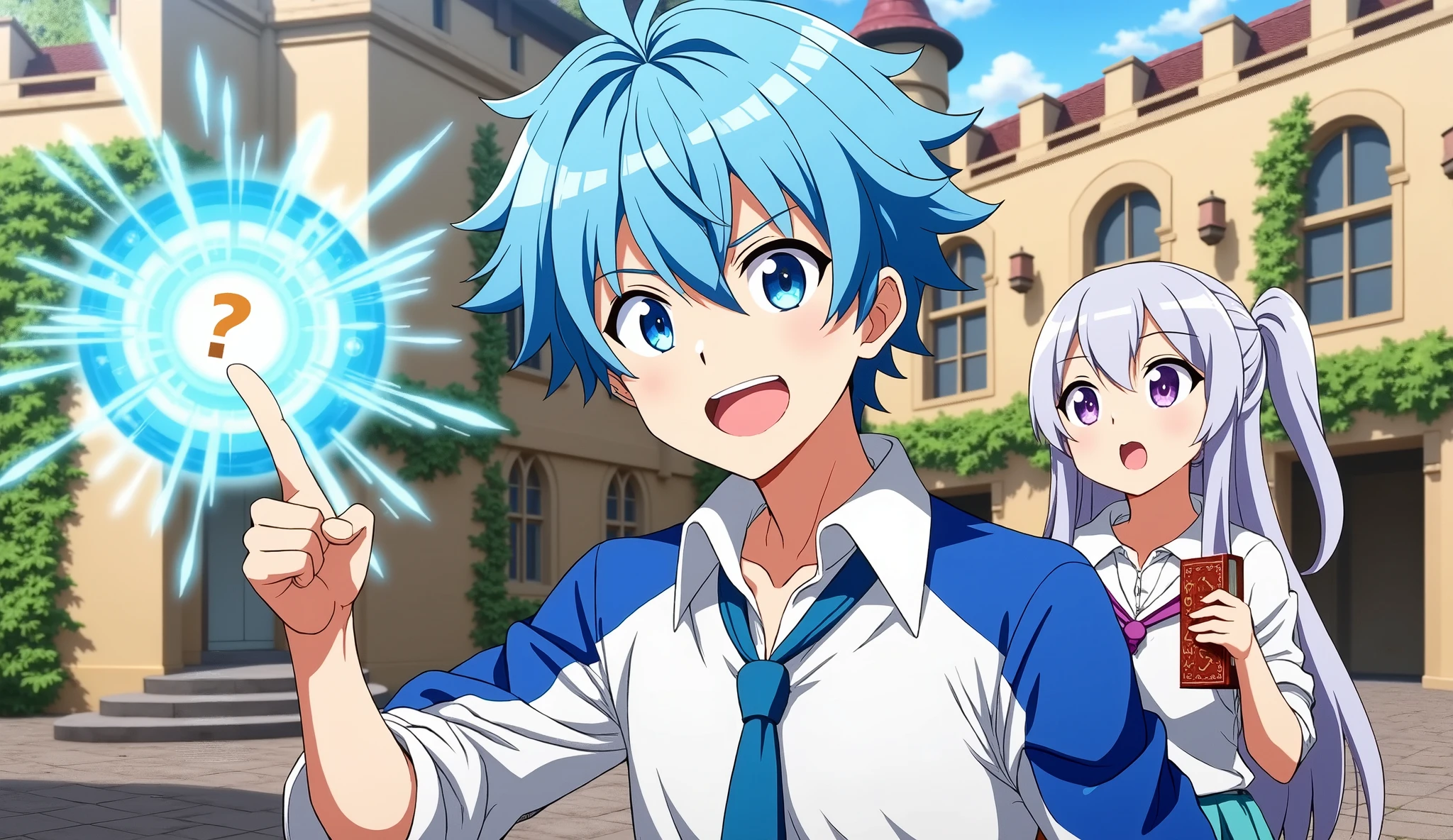 Create an anime-style scene set in a magical academy courtyard during the bright afternoon. In the center, a cheerful blue-haired boy with glowing sky-blue eyes confidently casts a powerful magic spell — a brilliant blue energy orb forming at his fingertip, surrounded by swirling glyphs and light. Beside him stands a shy but determined girl with long silver hair and violet eyes, holding an ancient grimoire that's floating and glowing with red runes. Around them, surprised students react with awe and confusion, some gasping, others whispering.
Behind the main characters, an enchanted castle-like school rises with ivy-covered towers and arched windows. On the top-left, add a magical notification window saying: **"Hidden Ability Awakened: Arcane Fusion"**, and on the bottom-right, a golden pop-up message appears: **"You've unlocked the Legendary S-Rank Spell!"**.
The atmosphere should feel like a sudden twist in a lighthearted magic school story — where the protagonist accidentally reveals a rare and dangerous ability that no one expected. Blend excitement, mystery, and magical intensity — make it look like something big is about to happen.
Avoid soft or painting-like art — make the image clean, polished, colorful, like a real frame from a high-budget anime episode.