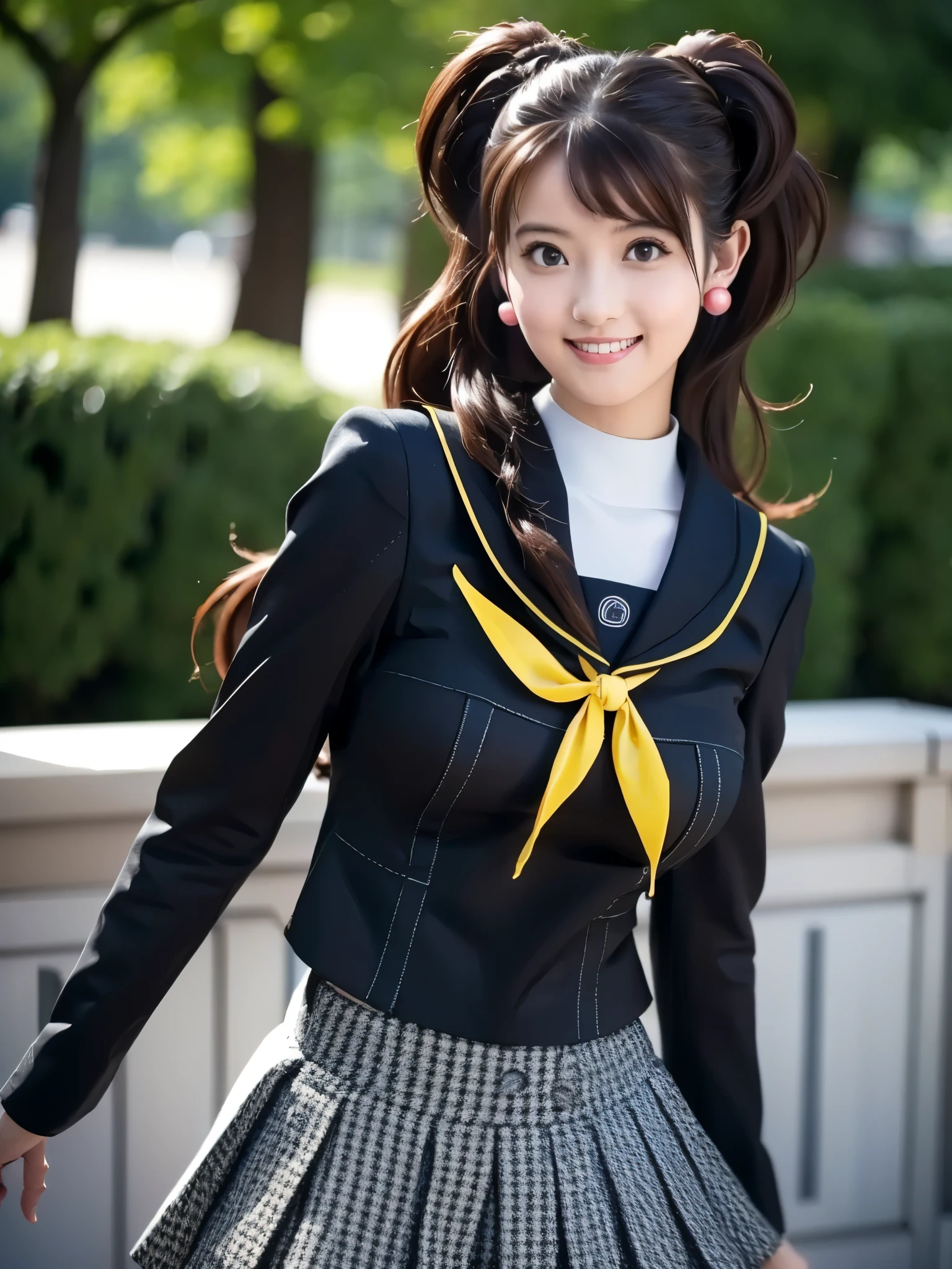 Kujikawarise, kujikawadef, twintails, ((school uniform, black serafuku)), long sleeves, skirt, thighhighs, jewelry, earrings,
1girl, solo, cute Japanese girl, hightschool girl, (smile:1.3), natural makeup, highlighting her clear skin and subtle eye shadow,
(large breasts, pointy breasts),
upper body, (portrait:1.3), sexy pose, active pose,
8K raw photo, Best quality, masterpiece, ultra high res, (photorealistic:1.4),(extremely detailed 16k wallpaper), sharp focus, depth of field, blur background, bokeh,