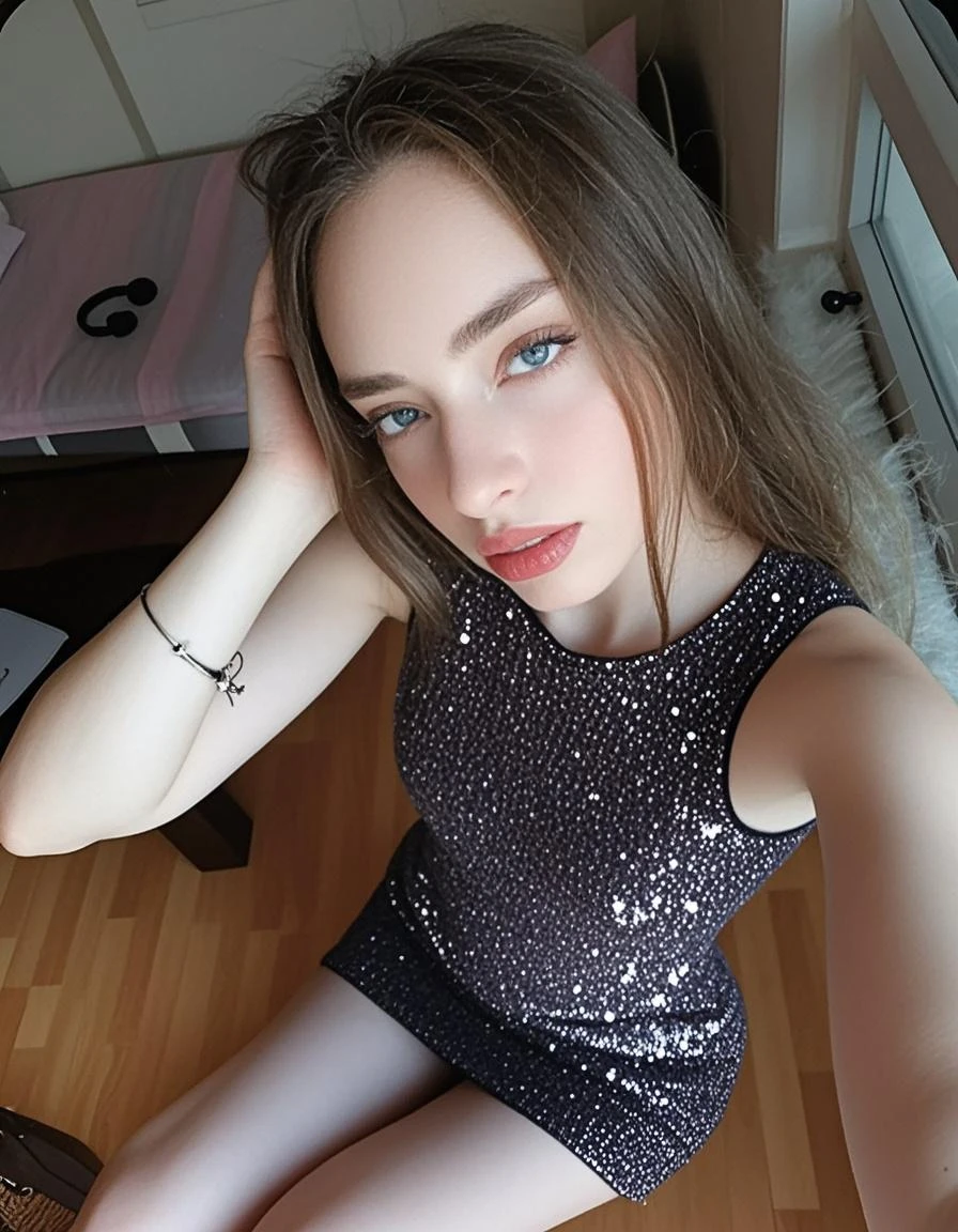 There is a woman sitting on the floor in a dress, Amouranto, Angelawhite, sexy dress, Katelynn Mini Estilo lindo, better known as amouranto, in a dress, 2 4 year old female model, pretty face with arms and legs, young beautiful Amouranto, very low quality, 4k post, 4K post