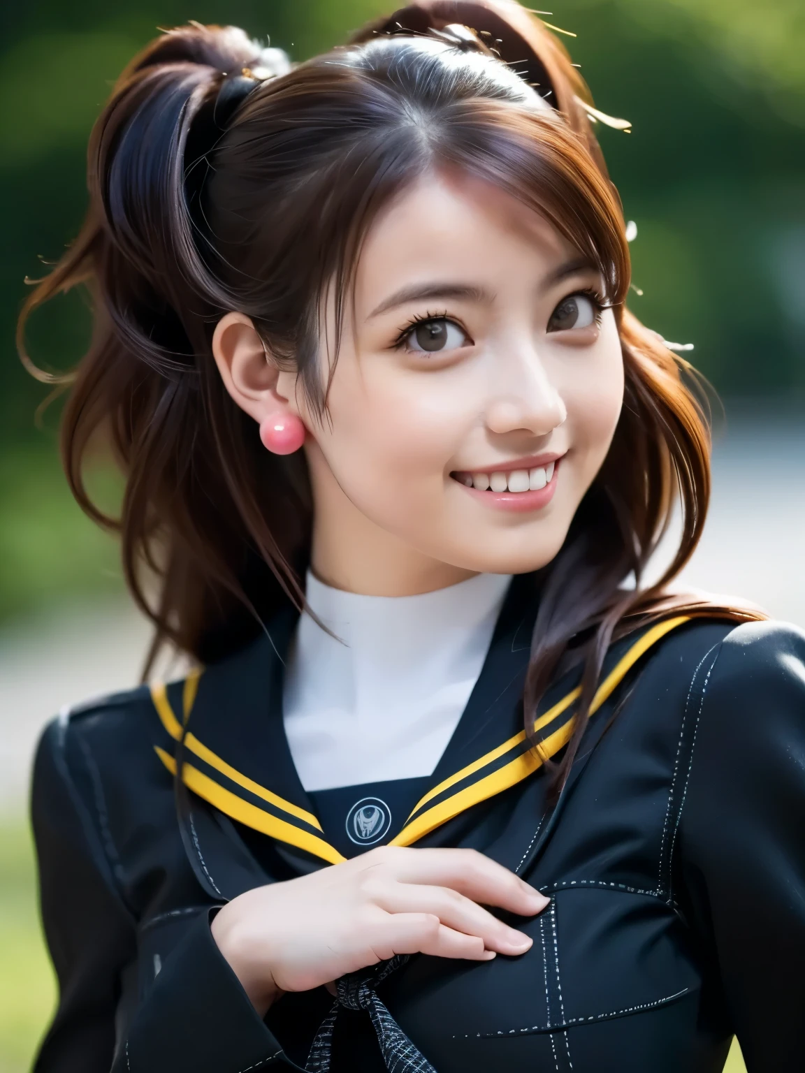 Kujikawarise, kujikawadef, twintails, ((school uniform, black serafuku)), long sleeves, skirt, thighhighs, jewelry, earrings, (naked shirt),
1girl, solo, cute Japanese girl, hightschool girl, (smile:1.3), natural makeup, highlighting her clear skin and subtle eye shadow,
(large breasts, pointy breasts),
upper body, (portrait:1.3),
8K raw photo, Best quality, masterpiece, ultra high res, (photorealistic:1.4),(extremely detailed 16k wallpaper), sharp focus, depth of field, blur background, bokeh,