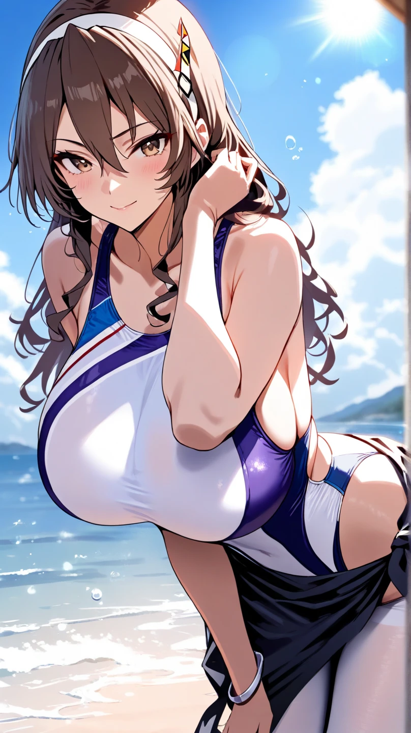 Highest quality, shape, Very detailed, In detail, High resolution, 8k wallpaper, Perfect dynamic composition, Beautiful details, Center of chest, Natural color lip, Random sexy poses,smile,20-year-old girl,Huge ,A woman with long curly brown hair wearing a bandeau one-piece swimsuit