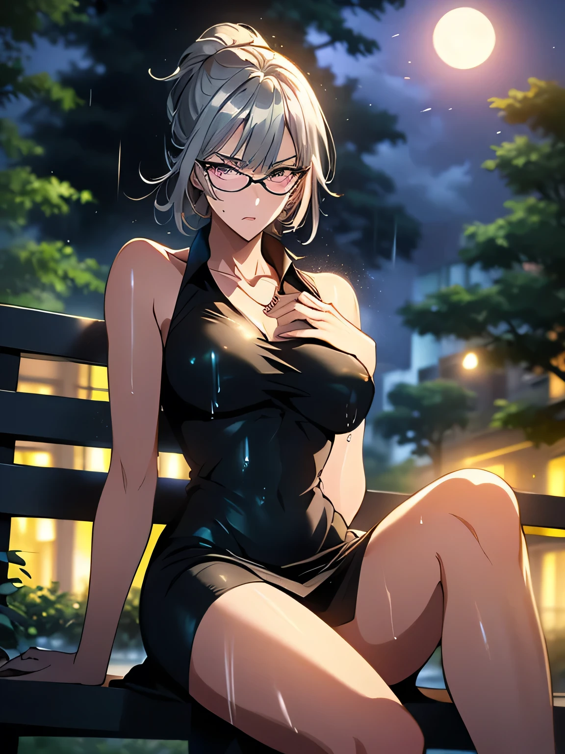 nsfw、animation、Highest image quality、high resolution、highest masterpiece、one woman、(((sitting with legs spread out)))、((( I'm putting my hand on my crotch)))、(((silver hair)))、long hair、ponytails、(((wearing glasses)))、(((pink eyes)))、small breasts、(((slim figure)))、dark blue short dress、(((see-through dress)))、(((tight miniskirt)))、sleeveless、angry amidst enemies、I'm biting my lip、(((heavy rain)))、wind、hair is wet、dark park bench、City Night、My face is wet、late at night in the park、wind、A bit of moonlight、(((clothes are wet and see-through)))、(((chest is wide open)))、in big city silver pendant、(((Moonlit Night in the City)))、