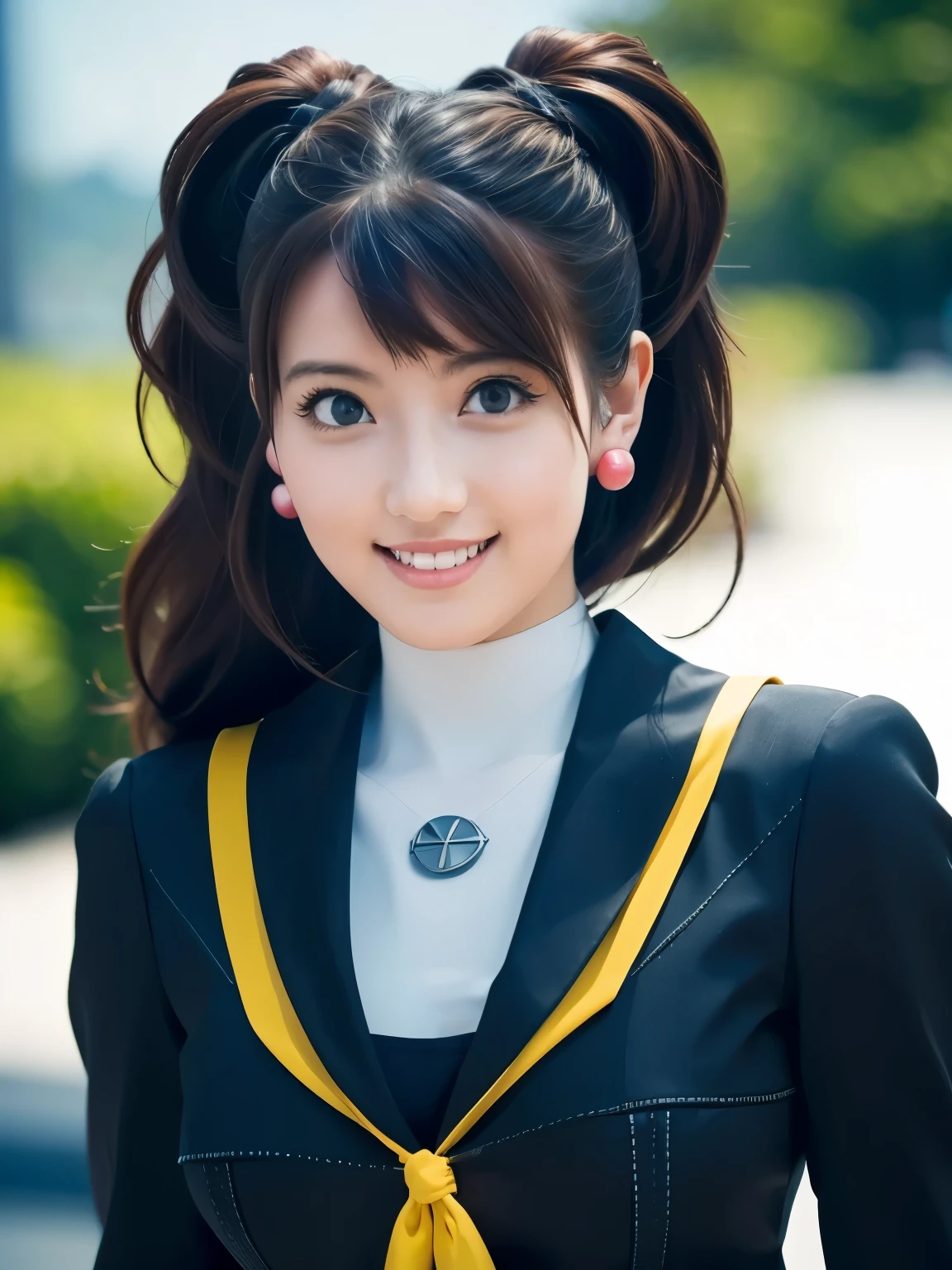Kujikawarise, kujikawadef, twintails, ((school uniform, black serafuku)), long sleeves, skirt, thighhighs, jewelry, earrings,
1girl, solo, cute Japanese girl, hightschool girl, (smile:1.3), natural makeup, highlighting her clear skin and subtle eye shadow,
(large breasts, pointy breasts),
upper body, (portrait:1.3), sexy pose,
8K raw photo, Best quality, masterpiece, ultra high res, (photorealistic:1.4),(extremely detailed 16k wallpaper), sharp focus, depth of field, blur background, bokeh,