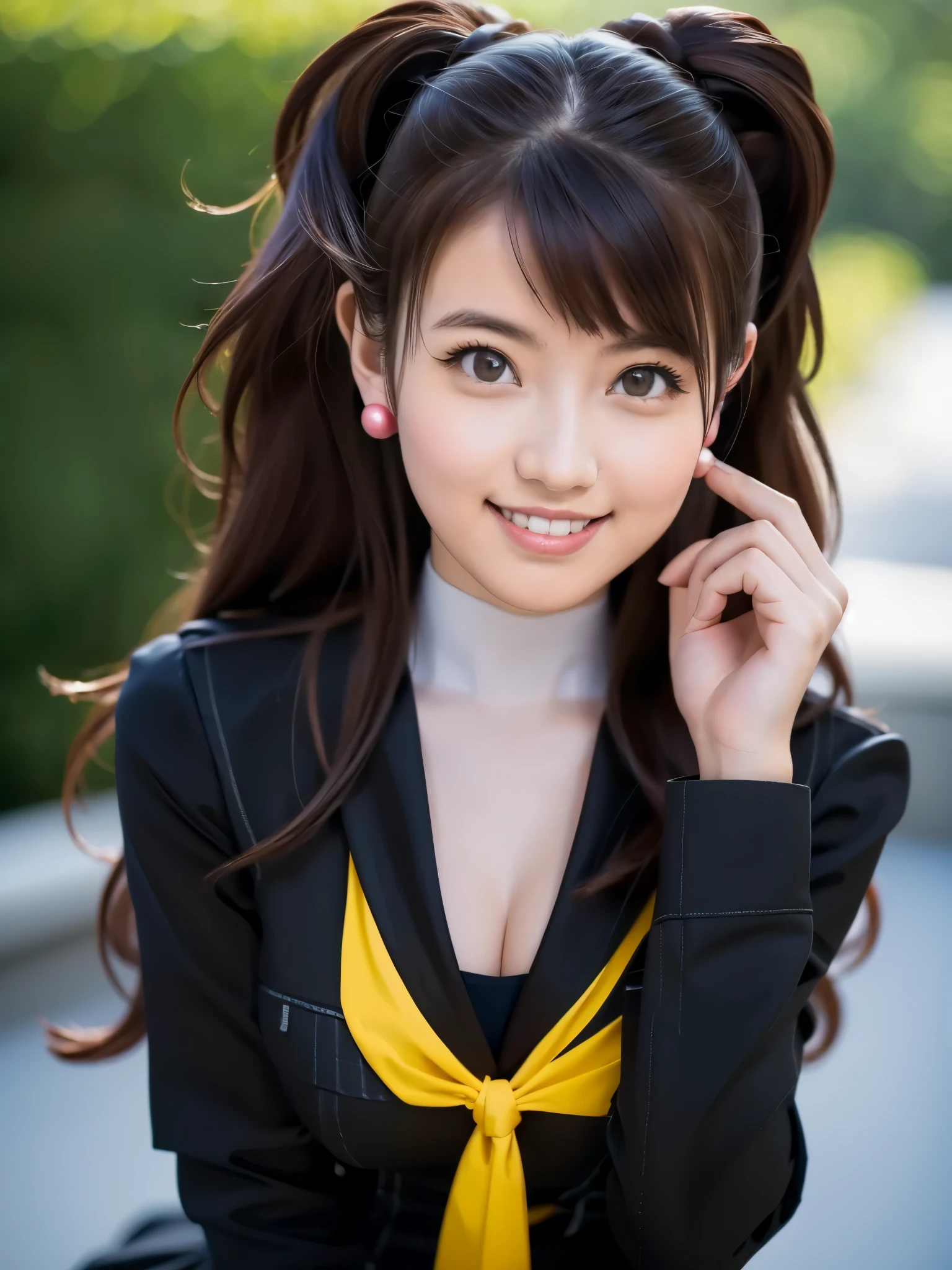 Kujikawarise, kujikawadef, twintails, ((school uniform, black serafuku)), long sleeves, skirt, thighhighs, jewelry, earrings, (naked shirt),
1girl, solo, cute Japanese girl, hightschool girl, (smile:1.3), natural makeup, highlighting her clear skin and subtle eye shadow,
(large breasts, pointy breasts),
upper body, (portrait:1.3), sexy pose,
8K raw photo, Best quality, masterpiece, ultra high res, (photorealistic:1.4),(extremely detailed 16k wallpaper), sharp focus, depth of field, blur background, bokeh,