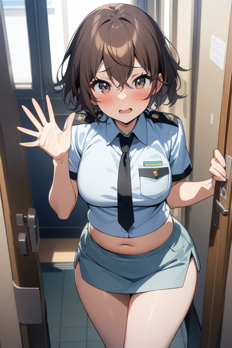 (Perfect body),Best Quality,(8K Portrait),(anime screen cap)、((Police Woman)),blush,Sweat,((large udder))、(Dark hair),((bob cuts))、Yellow eyes,(((thick thighs))),((Navy blue leotard))、((A smile))、showing teeth、one eye closed、(((Chibi)))、kneeking