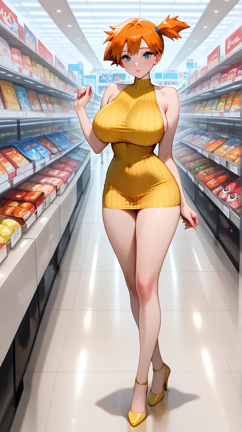 Masterpiece , best quality , Masterpiece , best quality , 1 woman , red eyes , long brown hair , sly face , smile , pink bikini , abdomen , huge breasts , Long legs , Barefoot , hands on hips , shop