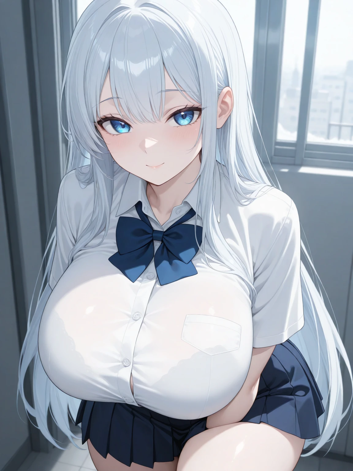 (girl), (huge breasts:1.2), (school uniform swimsuit underclothes:1.5), (smug:1.2)