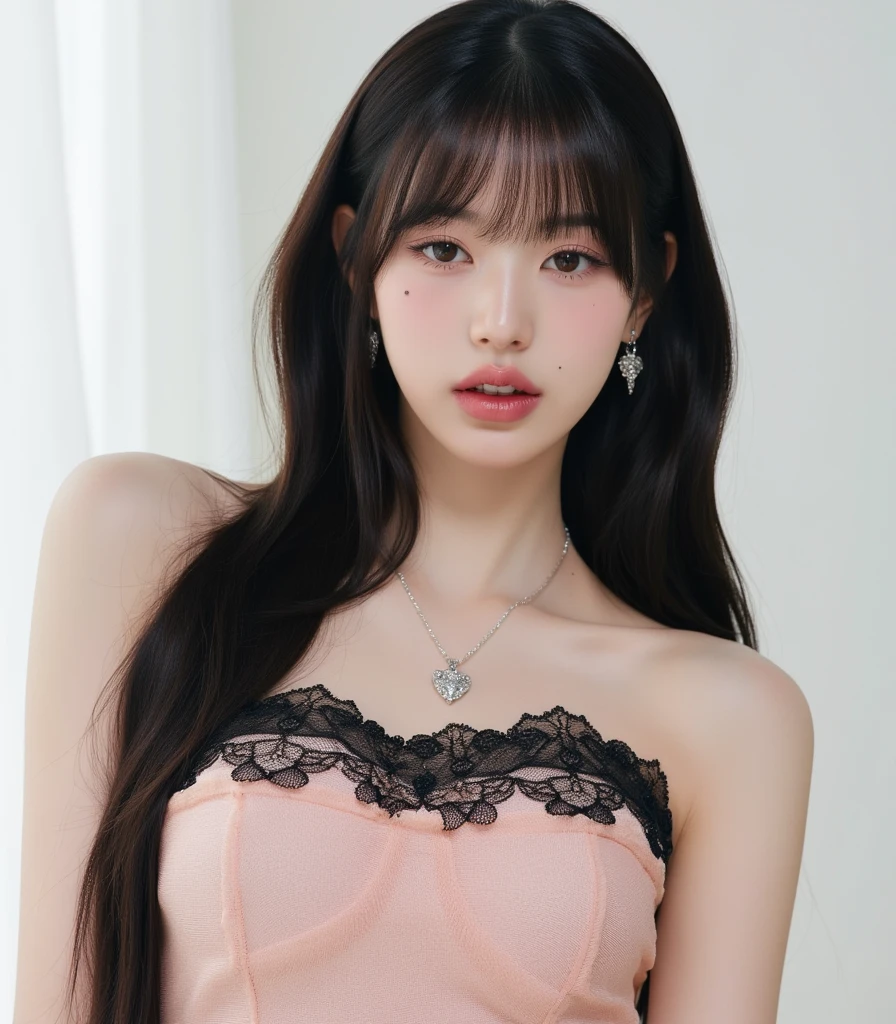 Kim Jennie with white brown hair, with curlers at the ends, with two bows on each side of the hair, all her hair white brown, with a star clip in her white brown hair, light colored eyes, pretty eyes, crying eyes, pretty, upturned nose, watery nose, Pretty lips, pink lips, heart and cupid shaped lip, pretty skin, pale, White skin, with moles and freckles all over his face, soft pink blush on the cheeks, natural pink blush, soft pink makeup, Jennie, nice neck, marked collar, frown, tender look, with a kiss necklace, a pretty kiss necklace, similar to Yumeko Jabami, while wearing a Crochet YK2, woolen, with a YK2 style brown mini skirt, while wearing a jacket with bear prints, while having a bare abdomen, Delgado, marked and pretty, (big breasts, soft breasts, nice breasts), while she is cosplaying the character Yumeko Jabami, The anime Kakegurui, looking to the camera
