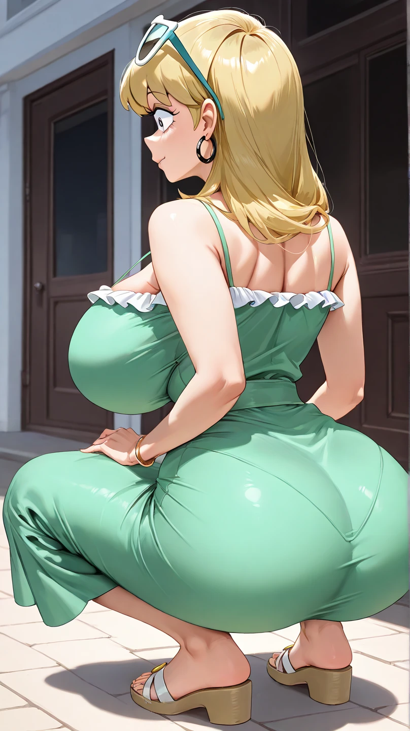 20 year old woman, busty, bubble butt, hourglass figure, skinny, standing, smirk, confident expression, messy ponytail blonde hair wearing green dress, yellow trim, high heels, at red carpet event, cocktail dress, anime