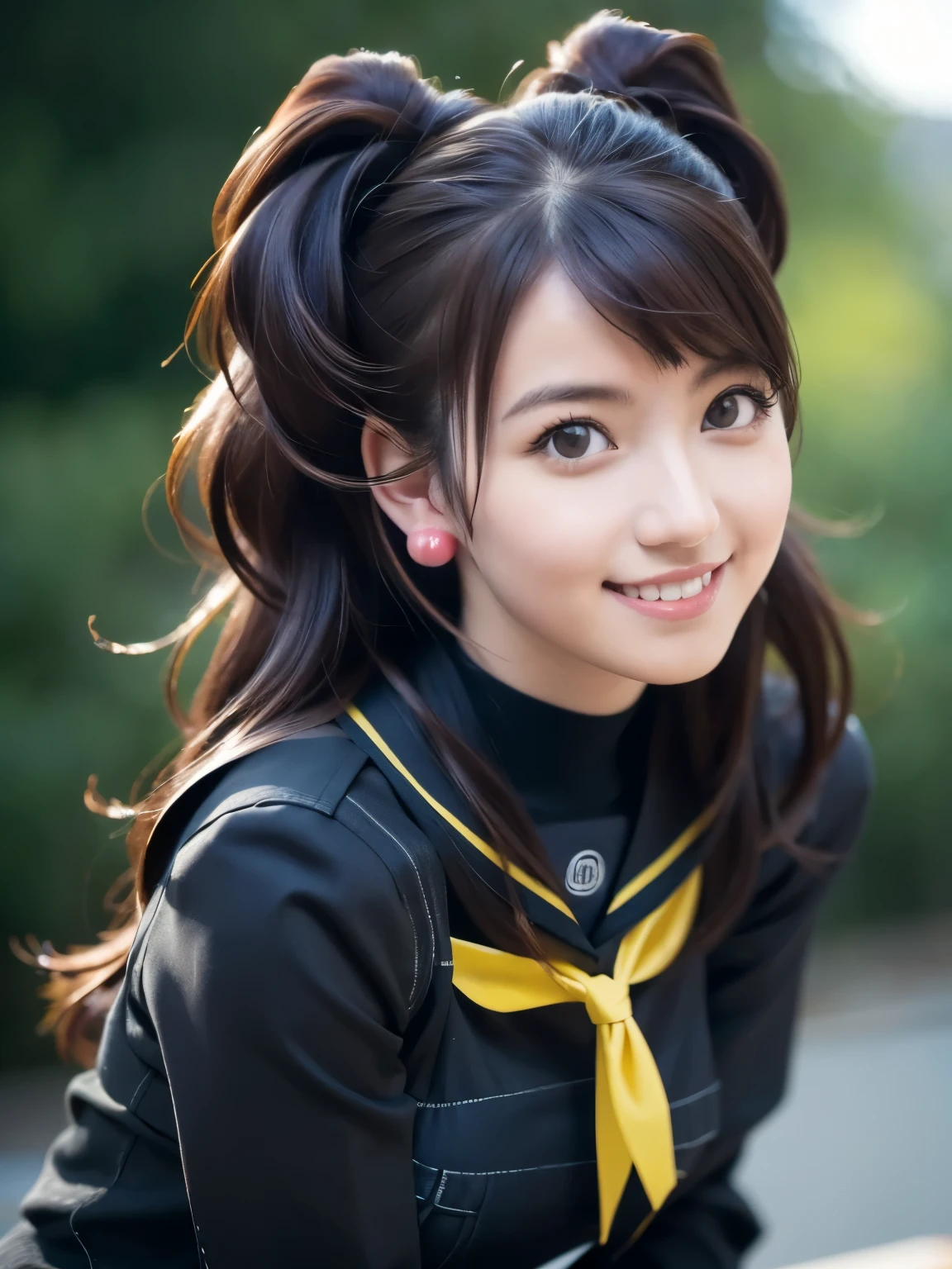 Kujikawarise, kujikawadef, twintails, ((school uniform, black serafuku)), long sleeves, skirt, thighhighs, jewelry, earrings, (naked shirt),
1girl, solo, cute Japanese girl, hightschool girl, (smile:1.3), natural makeup, highlighting her clear skin and subtle eye shadow,
(large breasts, pointy breasts),
upper body, (portrait:1.3),
8K raw photo, Best quality, masterpiece, ultra high res, (photorealistic:1.4),(extremely detailed 16k wallpaper), sharp focus, depth of field, blur background, bokeh,