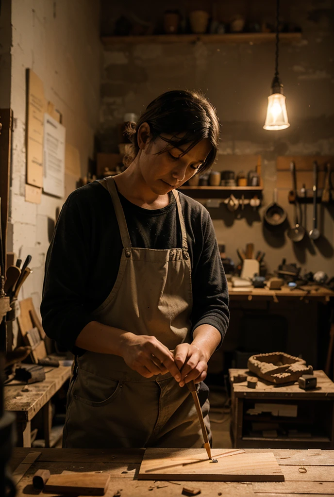 ((Japan))A dimly lit human body workshop in、((Old photos on the wall))、その写真はJapan人剥製師とJapan人の若い女性とのツーショットの笑顔の写真だった、That&#39;s how it is々Tools were hanging(((It was pinned to the wall of the workshop.)))
