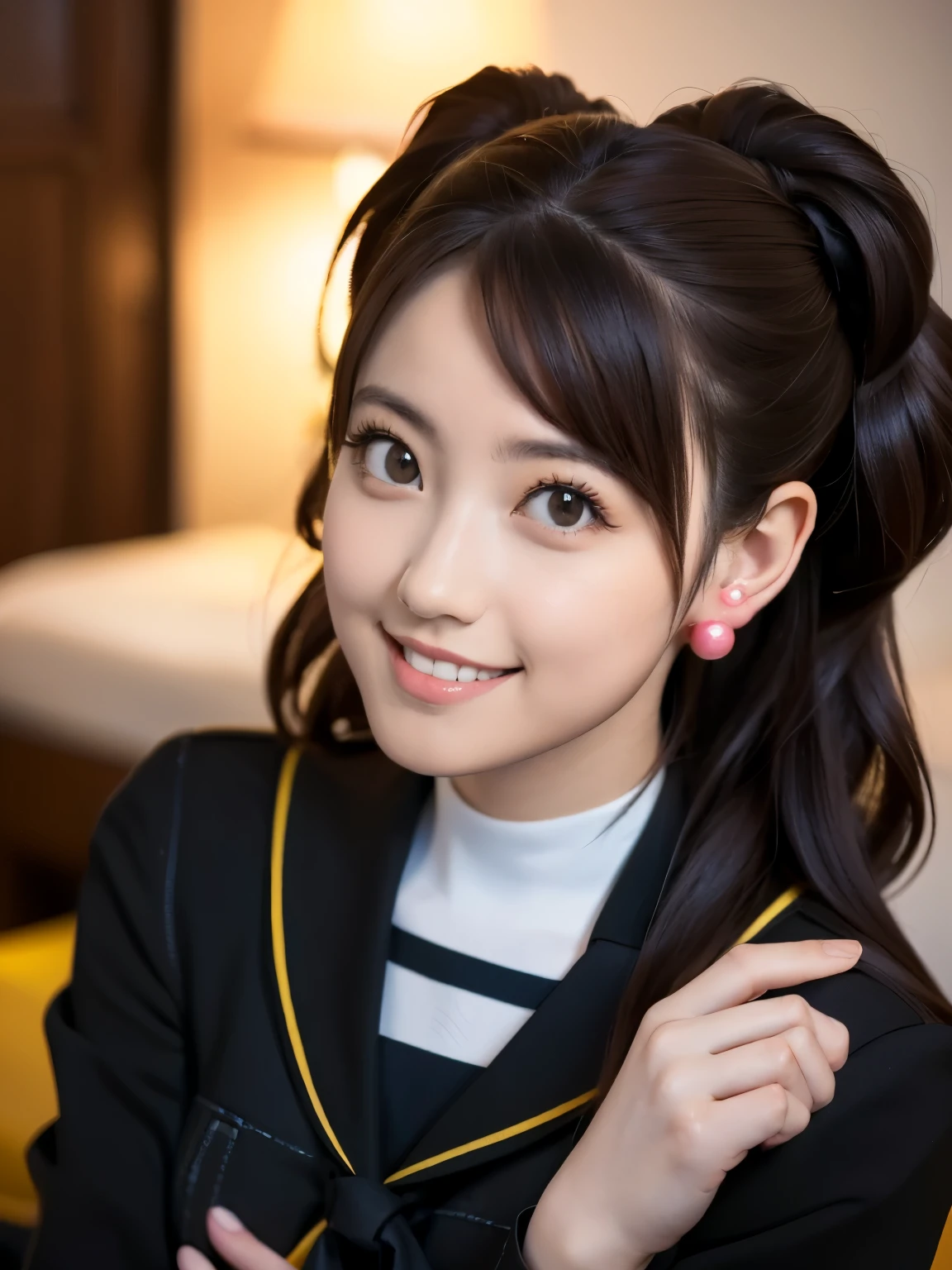 Kujikawarise, kujikawadef, twintails, ((school uniform, black serafuku)), long sleeves, skirt, thighhighs, jewelry, earrings, (naked shirt),
1girl, solo, cute Japanese girl, hightschool girl, (smile:1.3), natural makeup, highlighting her clear skin and subtle eye shadow,
(large breasts, pointy breasts),
upper body, (portrait:1.3),
8K raw photo, Best quality, masterpiece, ultra high res, (photorealistic:1.4),(extremely detailed 16k wallpaper), sharp focus, depth of field, blur background, bokeh,
