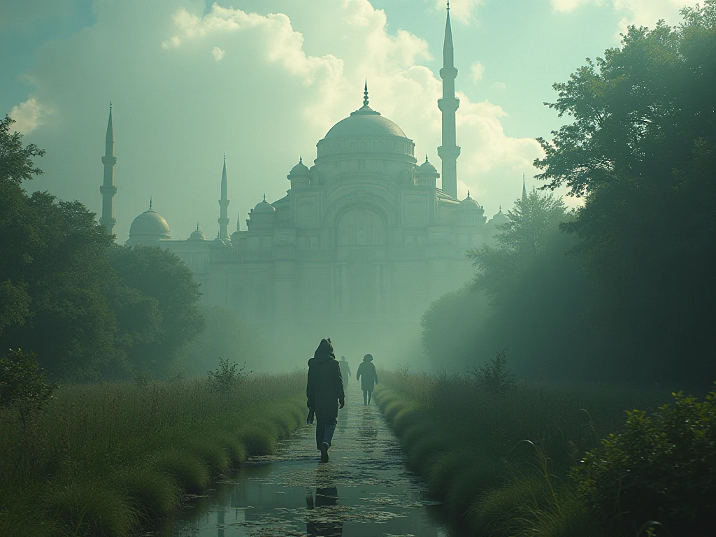 Ony man boat in the flood to the Islamic mosque
