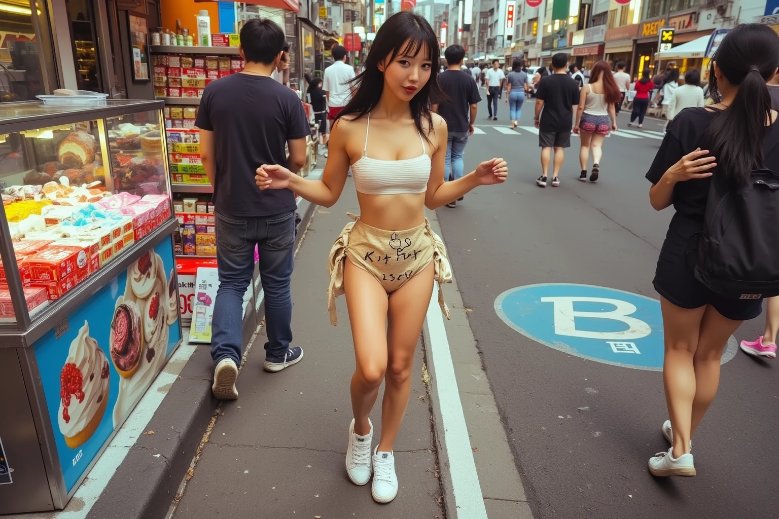 A beautiful Taiwanese girl with plump posture walks down the street amidst busy people wearing glasses and a white tank top