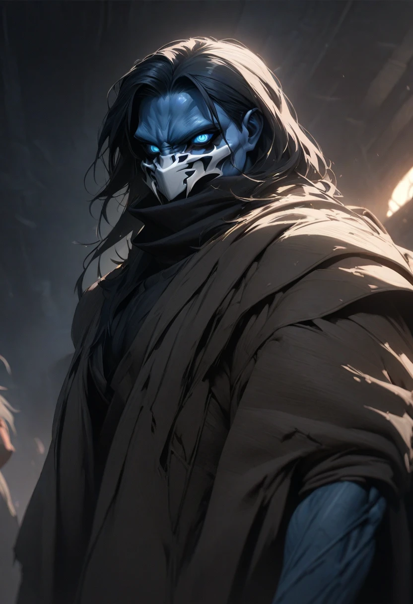 insane details, soft, (realistic:1),(3d:1), (highly detailed:1.2), masterpiece, 8k uhd, digital art, photo realistic portrait illustration of raziel, wearing neck gaiter,facing viewer, looking at viewer,glowing white eyes,holding the soul reaver,<lora:razielSoulReaver_v10:0.5>,dark ruins of ancient temple in background, illuminated by blue light, lightning in backround