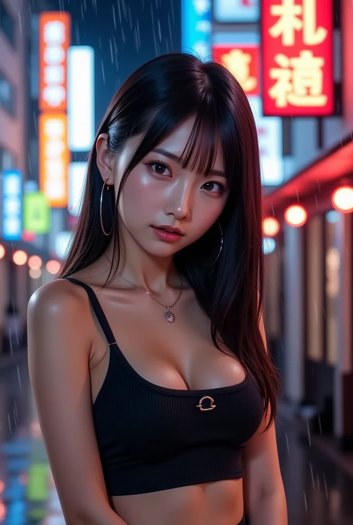 bokeh, masterpiece, analog photo, RAW, beautiful high school girl, Light brown long hair, Light brown beautiful eyes, Blushed face, (Japanese idol:1.5), Plump breast, (cyberpunk:1.5), Looking at the viewer, cowboy shot, neon cybercity,