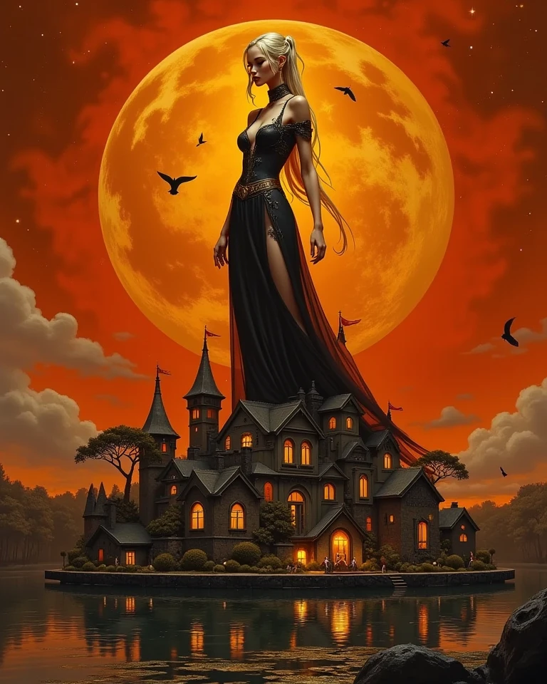 masterpiece, highest quality, solo focus, (perfect face: 1.1), (high detail: 1.1), dramatic and dynamic pose, 1 girl, breasts, blond hair, blue eyes, solo, cleavage, long hair, curves, big breasts, see -through, blood red dress, thighs, navel covered, bare shoulders, wide hips, thick thighs, lips, covered, bathrobe, stairs, castle, night, moon,  detailed background, art by Artgerm and Greg Rutkowski, cinematic lighting, vampire, catlevania, red hair, close shot, light ray, close up, (detailed face), seductive smile, foreground personage