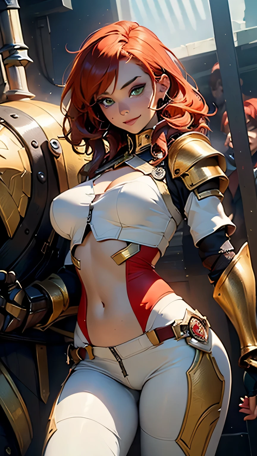 Redhead warrior, costume, best quality, 8k, wallpaper, hyper detailed, hyper realistic, plate armor, red skirt, white panties, panties appearing, thong, realistic, D&D, cameltoe, sitting, open legs, pantyshot, both legs up, upskirt, Steel gauntlets, steel boots, steel breastplate, RAW,