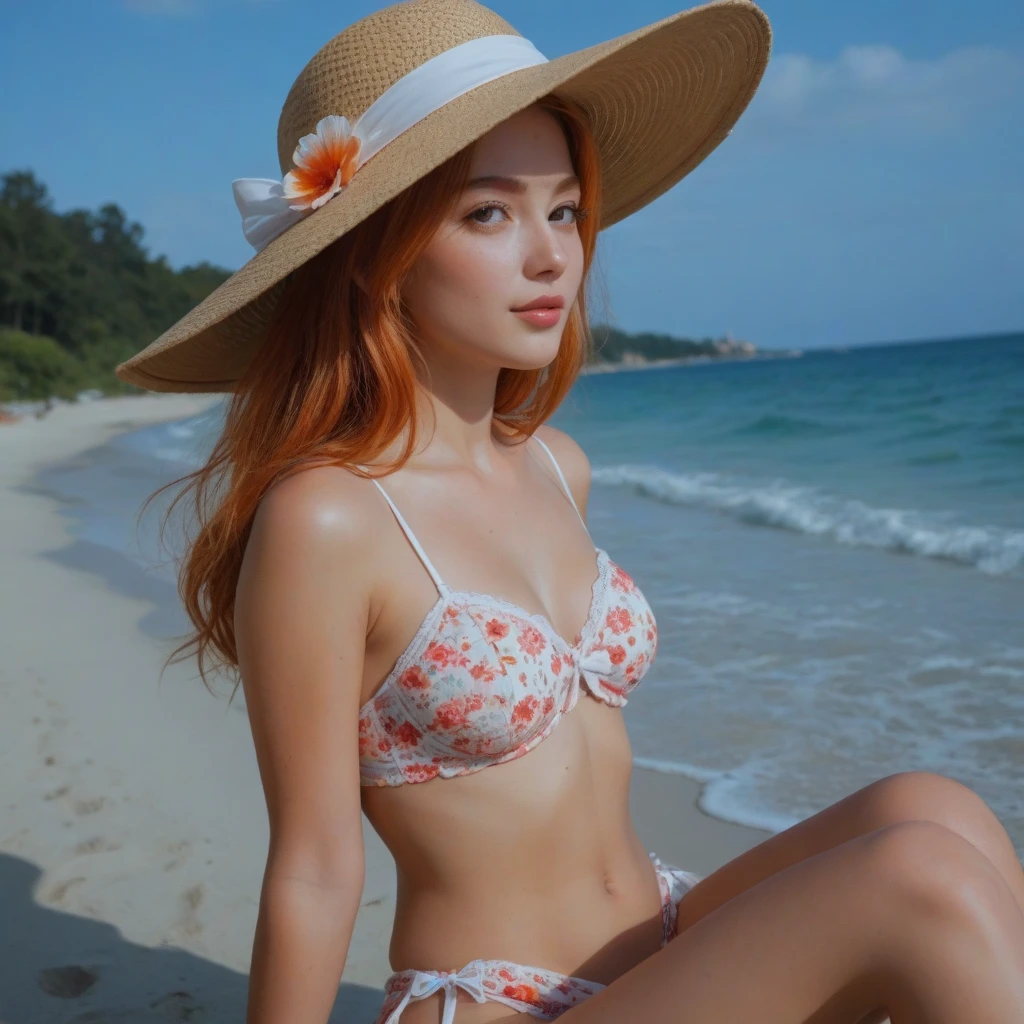 ((ROW фото )), ((high quality)), ((Photorealism)), masterpiece, Clarity, detailing, high sharpness, sexy girl sitting on the beach with her friends, Eveningинка, Evening, big green eyes, (( Red hair )) , freckles, small parts, small breasts, pleasure, Bright studio lighting, smile, bracelet, palm trees,