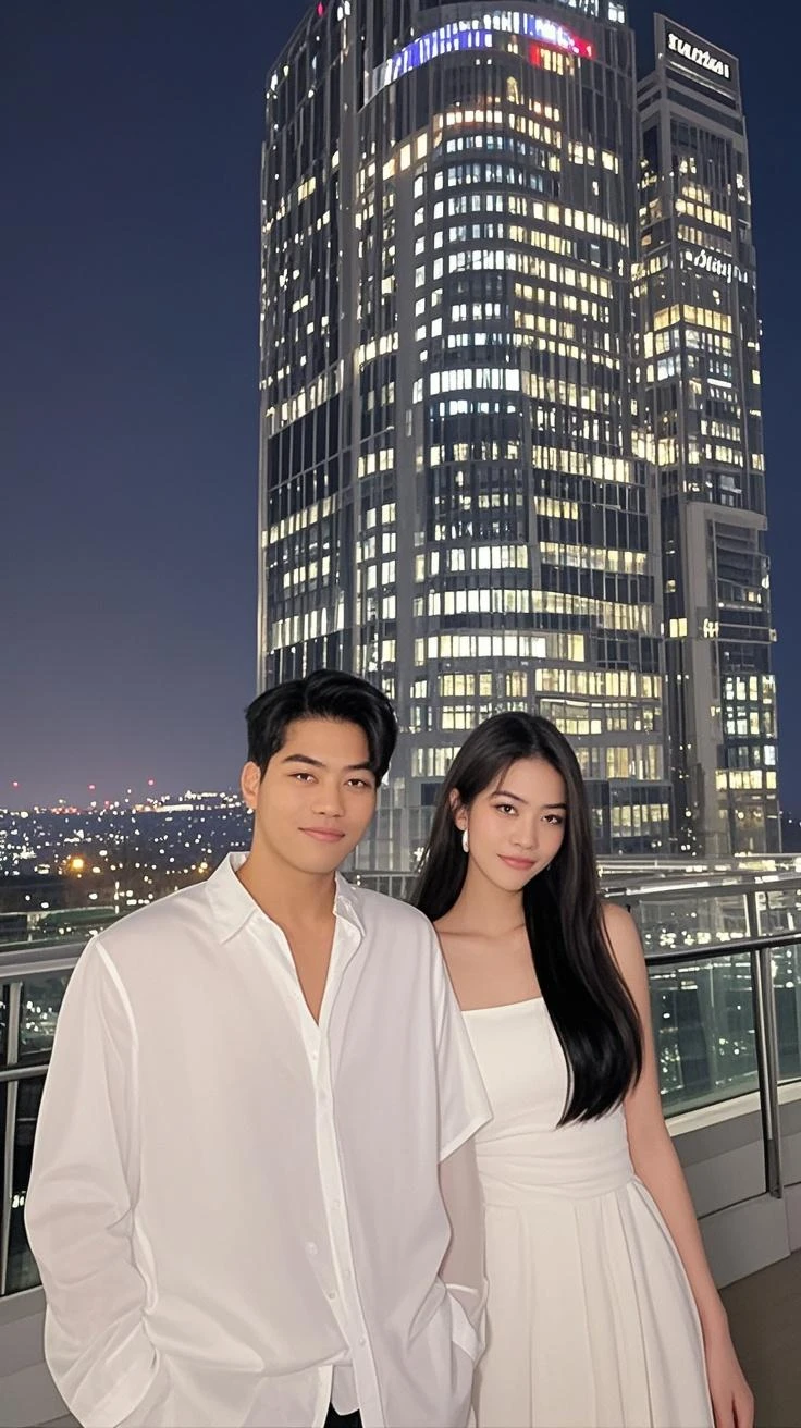Real image. Couple. Iranian half korean. Man handsome 24 yo, athletic body muscular, perfect wore suit like a ceo. hug a beautiful woman plumpy body, small lips and long hair neat abundant half curly hair , wearing light blue summer dress. Backgroud set is the city view from rooftop.