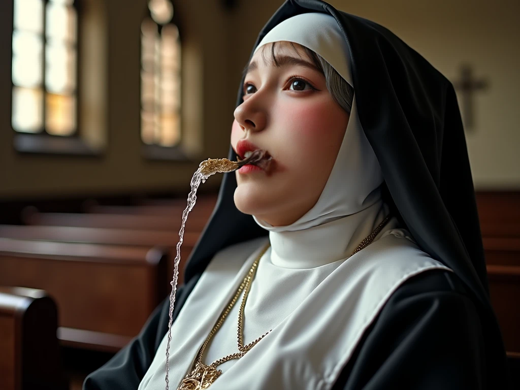 score_9, score_8_up, score_7_up, score_6_up, score_5_up, score_4_up, Beautiful young nun, ひざまずいてlook up、Open your mouth wide、look up、(The liquid fills the mouth and overflows:1.9)、Wet and detailed mouth、Shot from directly above the body、( High angle shot)、The ornate interior of the cathedral、At the altar of the chapel、Stained Glass Windows、Warm lighting、Serene atmosphere、religious、spiritual、Dedication、Contemplative、
