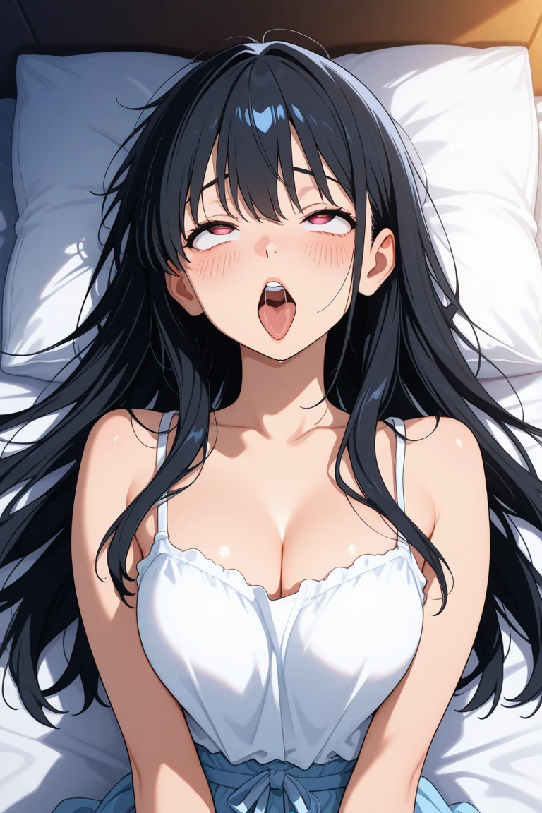 (((Open your mouth))),14-year-old face,Black Eye,Dark Eyes,Black Hair,Long Hair,Hot Face,(((close your eyes))),(Heavy breathing1.2)),Big Breasts,Slightly larger belly,((White tank top)),Accentuate the cleavage,From above,brake, (((whole body))), (Wave:1.1), (Look forward:1.1), (Look away a little:1.1), indoor,(Soft lighting:1.1), brake (Sweat:1.5), (vapor:1.2), (Girl trembling with sexual climax:1.1), (View your viewers:1.3), (((Masturbation:1.3))),((Lying on the bed)),((汗の滴:1.2)),