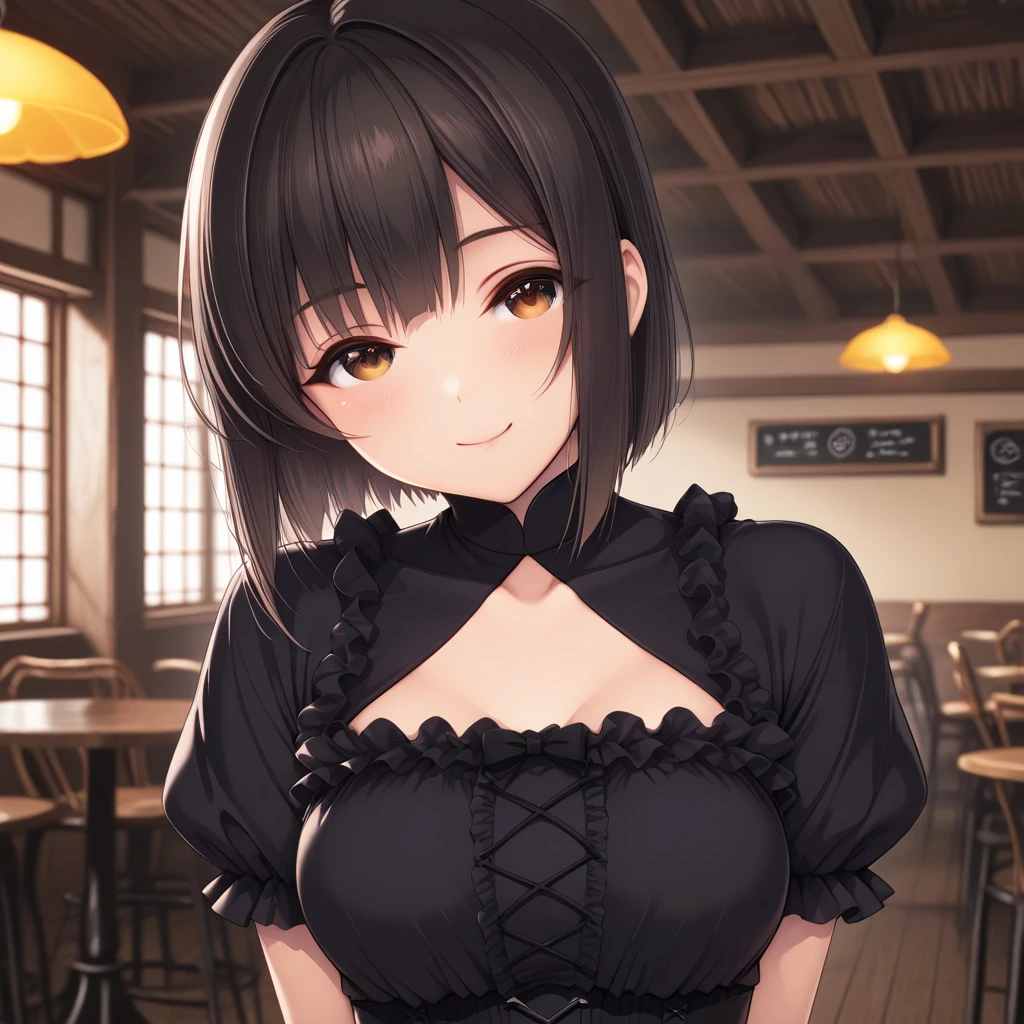 (dynamic angle:1.3, from front:1.1, breast focus:1.3, from above:1.2), (dynamic posing:1.5, sexy posing:1.3, leaning forward), (seductive smiling:1.3),masterpiece, 1girl, pointed chest:1.3,(double breasted:1.2,under bust:1.2), Amazing Cleavage:1.3, thin waist, big ass, Raised sexy, small breast: 1.2 posed cleavage:1.1, looking at viewer, open mouth, brown hair, blue eyes, bare shoulders, collarbone, sidelocks, hairband, sapphire earrings, indoors, red off shoulder sweater dress, arms behind back, short hair with long locks, blue gold hairband, big side hair, very long side hair is rendered in (masterpiece: 1.2, best quality), with (ultra high resolution) and an exquisite (depth of field). This masterpiece is not only visually stunning but also tells,A scene of cooking in the kitchen
