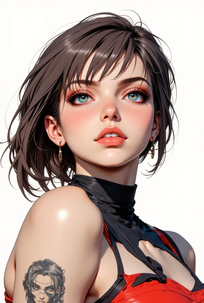 <lora:cervine-v2:0.8>,
very cool,1girl,solo,jewelry,earrings,Burning hair,red dress,looking at viewer,dress,red lips,upper body,black hair,bare shoulders,makeup,brown hair,medium hair,closed mouth,breasts,lips,lipstick,realistic,(black background:1.3),(neon lights:1.3),, best quality , masterpiece, illustration, an extremely delicate and beautiful, extremely detailed ,CG,unity,8k wallpaper, Amazing, finely detail, masterpiece, best quality,official art,extremely detailed CG unity 8k wallpaper,absurdres, incredibly absurdres, huge filesize , ultra-detailed, highres, extremely detailed,beautiful detailed girl, extremely detailed eyes and face, beautiful detailed eyes,light on face,