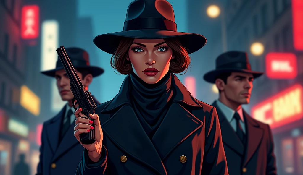 The figure of a mysterious woman appears in the photo, wearing a black leather coat and a Fedora hat of the same color. She's standing in a dark alley, her expression serious and focused. Her black hair is caught in a low bun, and her eyes are hidden behind a pair of sunglasses.
The mysterious spy woman wears an intense red lipstick on her lips, which stand out in the darkness of the alley. In her right hand, she holds a discreet weapon, ready for any eventuality.
The overall tone of the image is dark and gloomy, with dim lights illuminating the scene. The background consists of dark brick walls and broken windows, creating an environment that conveys an air of mystery and danger.
Despite her serious, focused appearance, there is a mystery in the woman's gaze that suggests she is an experienced and skilled secret agent.