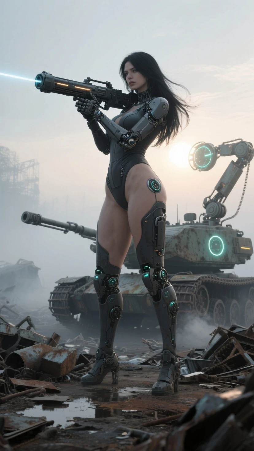 A robo girl a very big breast very short cloths sit on hot girl face background on tank right hand ak47