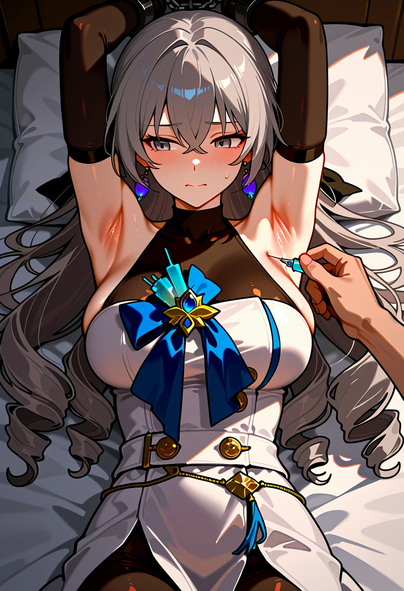 (in hotel, masterpiece, best quality:1.2), 1girl, (holding baby, hold infant), waving hair, estrus, sweet temptation, lingerie, ((elbow gloves))