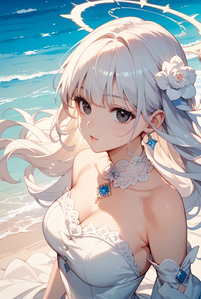 Highest quality,1People Girls, cute, White Hair,Long Hair, Floating hair,Curly Hair,Bangs that expose the forehead, Bright white eyes, Elegant and delicate eyes, Detailed facial features, Long eyelashes, Beautiful lip detail, graceful and detailed poses, Dynamic configuration,Vibrant colors, Soft and dreamy,A cheerful smile,Ocean,Sandy Beach,hibiscus,Night Sky,star,moon,Cow print underwear,Completely naked,Sandy Beachの上に,Lying on your side,Align your feet,Large Breasts,1 person,Wet body,sexy