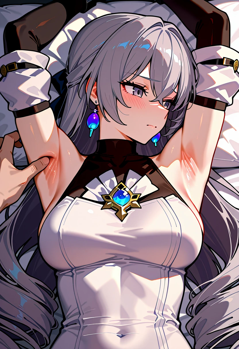 (masterpiece), best quality, expressive eyes, perfect face,neuvillette_\(genshin impact\),mature woman,big breasts,[cleavage],blue magical girl costume,silver hair,glowing blue eyes,underwater,wet body,head tilt,full body