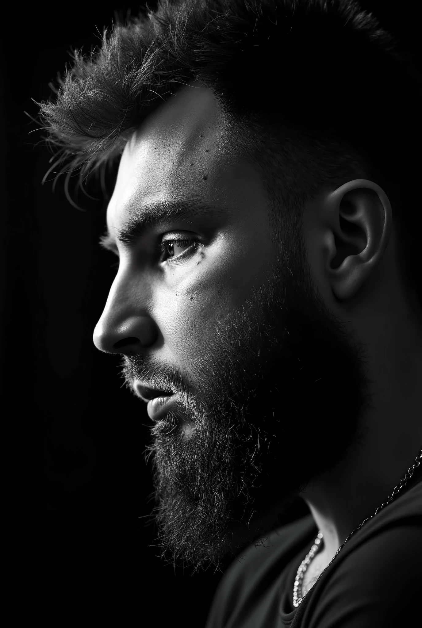 Create a high-contrast black-and-white close-up portrait of a man resembling the avatar of pavel89ru. The man should have a rugged, tough expression, with noticeable facial hair, scars, and a strong jawline. His face should be shown in profile, with dramatic, harsh lighting emphasizing the sharp contours of his face and the texture of his skin. Only the right half of the face should be illuminated, with deep shadows falling on the left side, creating a powerful contrast. The background should be dark and minimalistic, enhancing the focus on the subject. The skin texture should be ultra-realistic, with every detail visible, showcasing the roughness and authenticity of the man’s features. The gaze should be intense and focused, with a raw, unapologetic vibe. The overall look should exude power, resilience, and strength, fitting for an editorial-style, gritty portrait. Use 8K or 4K quality for maximum detail in the skin, hair, and facial features