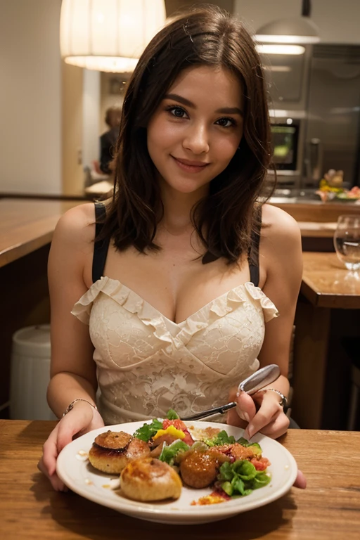 Lucie at the restaurant in the evening sitting at a table in a dress with an average size chest +
