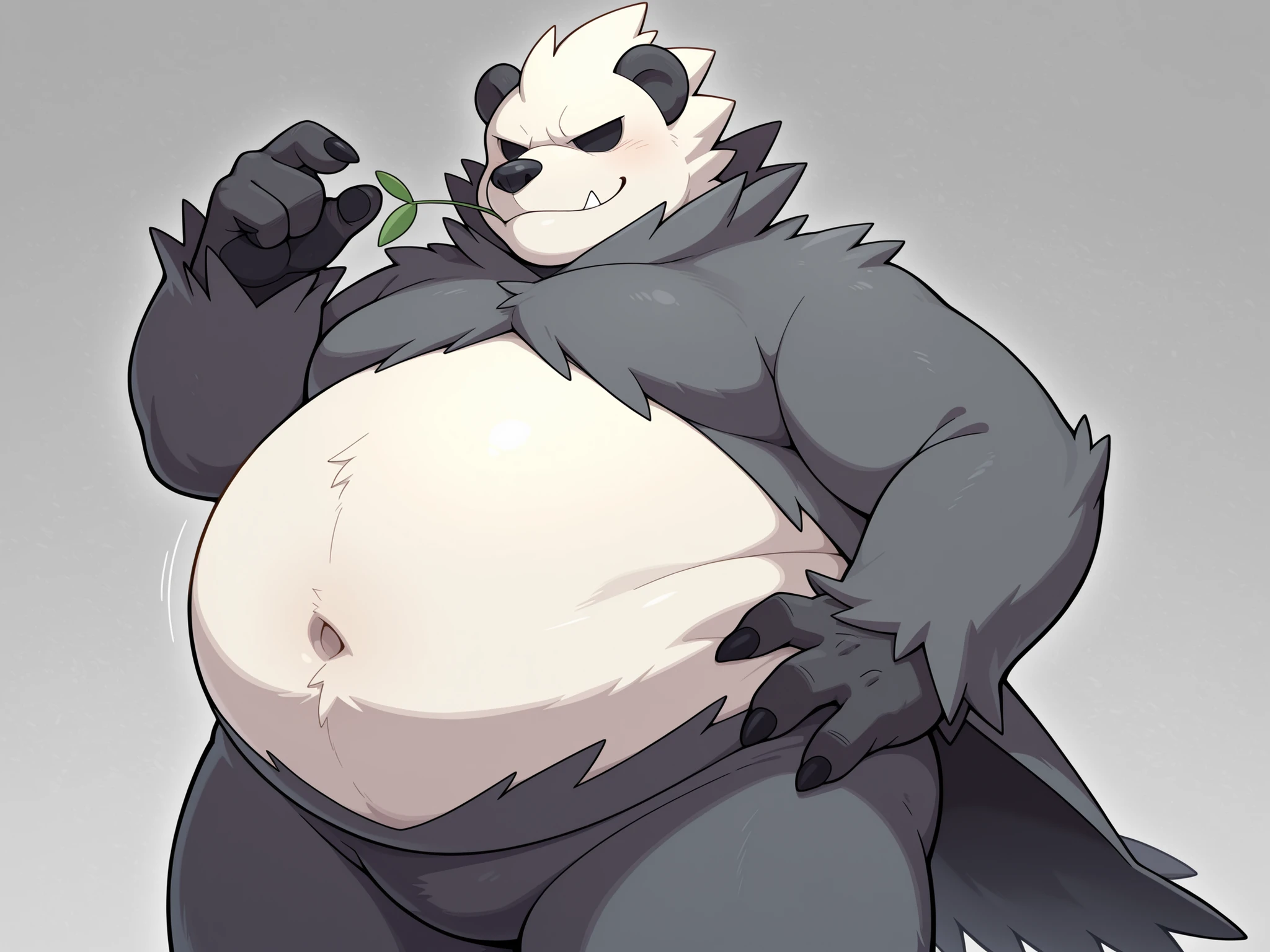 fat pangoro with a big belly, smiles, looks at his belly