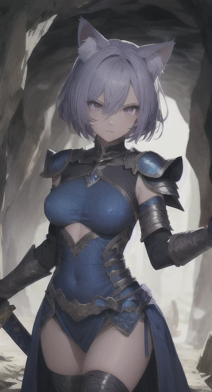 Only One Woman、Dark Elf、Light purple hair、Dark Skin、Sharp, pointed ears、Short Bob、short hair、Large size breasts、female knight、Wearing armor、garter belt、Urinating in a cave、Spread your legs、Squat positions、Closed、Open your mouth、Blushed face、Embarrassing、Shortness of breath、Suppressed、Handcuffs、Shackles、Bound in chains、Hands above head