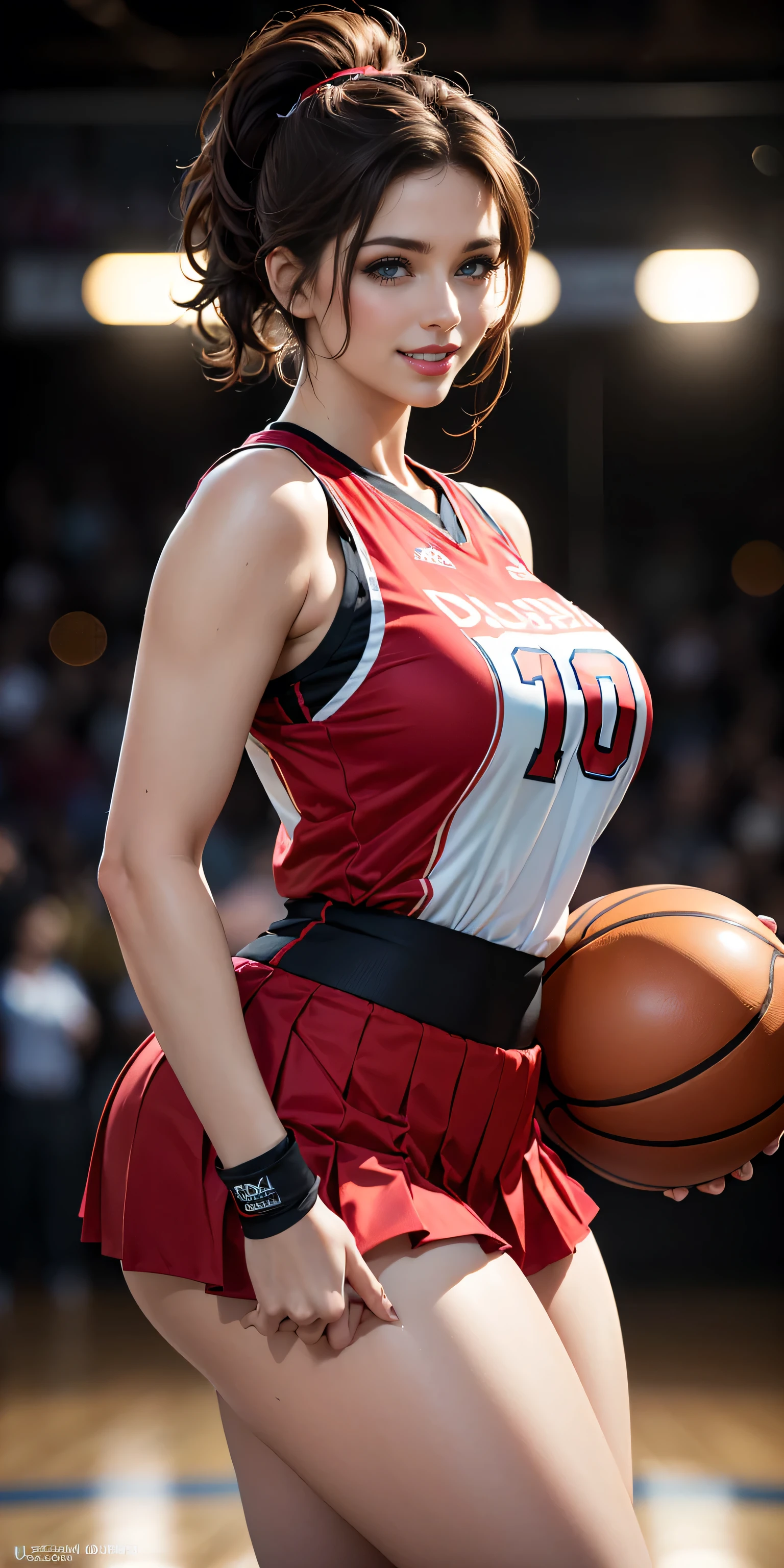Sarada, short hair, hairband, black eyes, beautiful, gorgeous woman, perfect body, scoreland, perfect breasts, (((thick thighs))), wearing a basketball jersey, on the basketball court, holding a basketball
