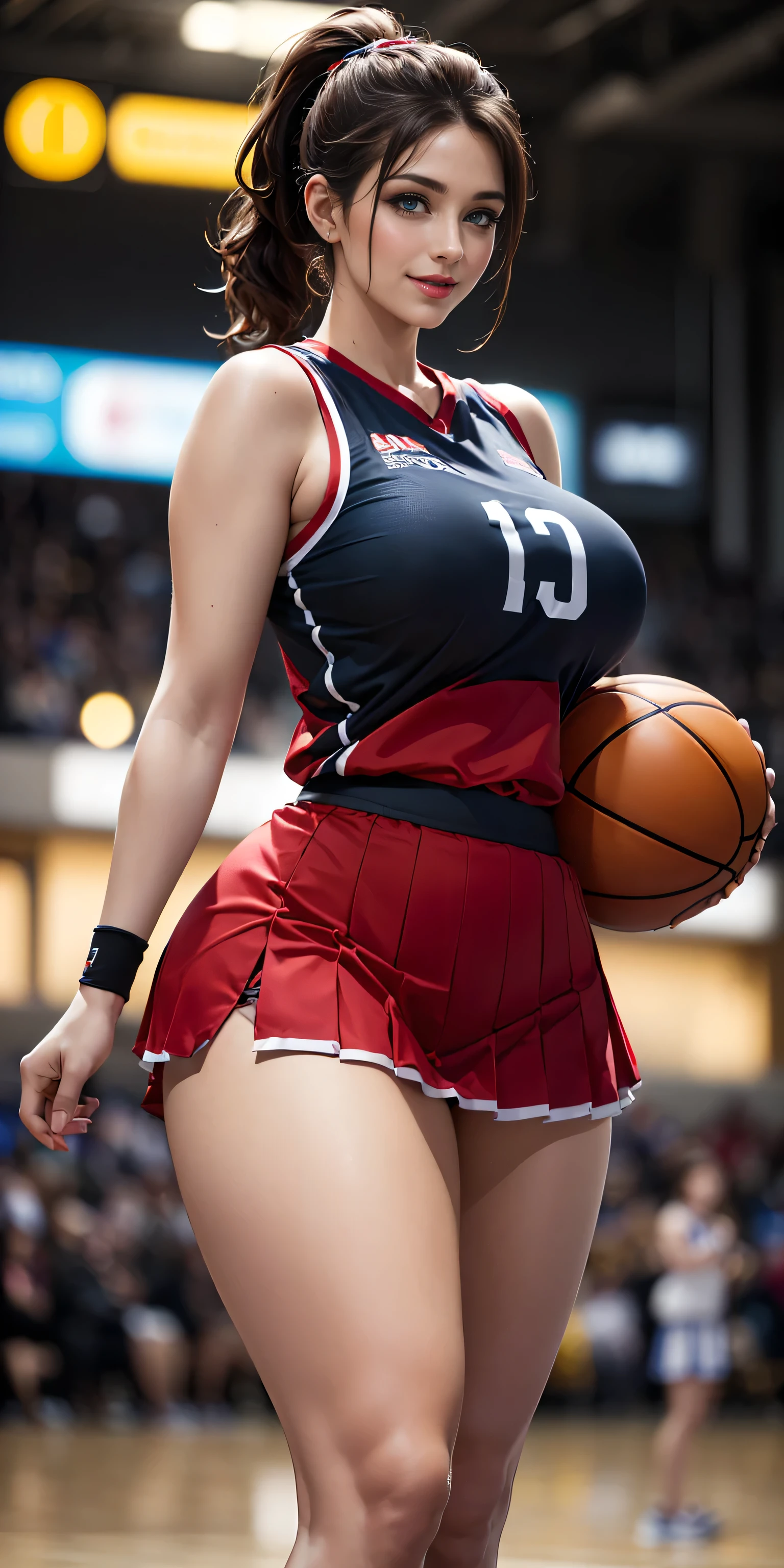 Sarada, short hair, hairband, black eyes, beautiful, gorgeous woman, perfect body, scoreland, perfect breasts, (((thick thighs))), wearing a basketball jersey, on the basketball court, holding a basketball