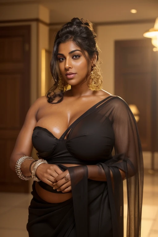 Looks like Nayanthara, thick figure, bulky figure, fleshy figure, black lips, beautiful hypnotizing gazing eyes, Full figured woman, heavy figure, attractive, gorgeous, stunning beauty, milf, 50 years old Woman, attractive body, araffe woman in a gold sari posing for a picture, chocolate skin, skin pores, sweat, incredible skin texture, wearing gold jewellery, photo of a hand jewellery model, sexy girl with dark complexion, indian girl with brown skin, beautifully styled hair, traditional beauty, wearing elegant jewellery, traditional makeup, with small studded earings, indian goddess, indian, intricate thin details in gold, gold jewellery, modeling shoot, 7 0 mm portrait, dramatic lighting, cinematic colour grading,