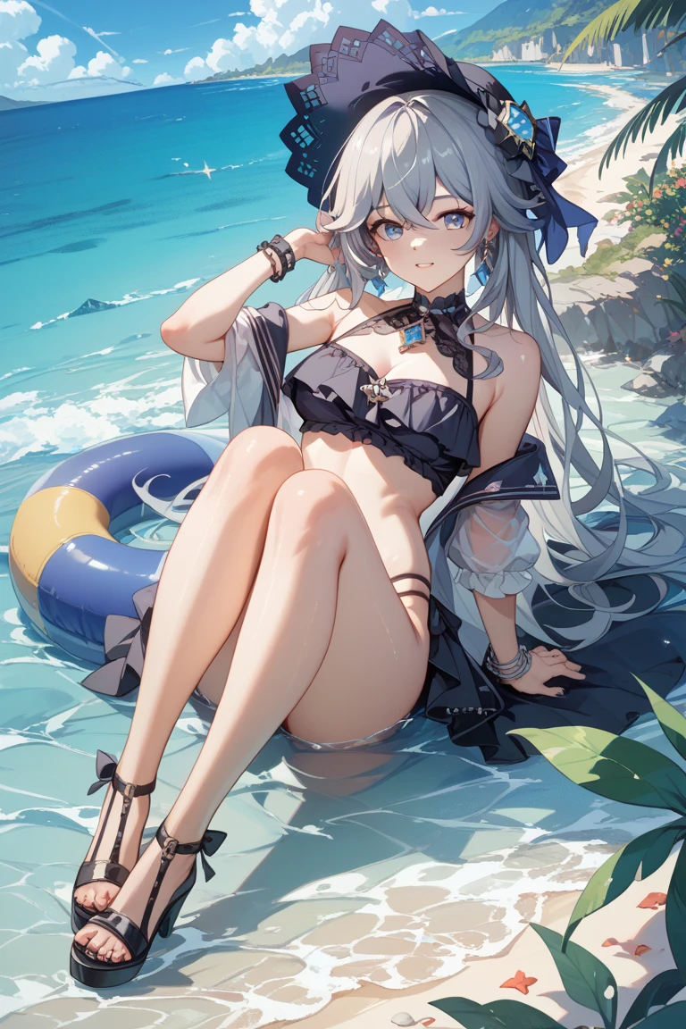 1girls, Soul Dreams(Touhou Project), 独奏, swimming suit, one-piece, small boobs,,, side-tie bikini bottom, Bikini, Blue eyes, Silver hair、short hair,, shyness, blushed, BEATCH