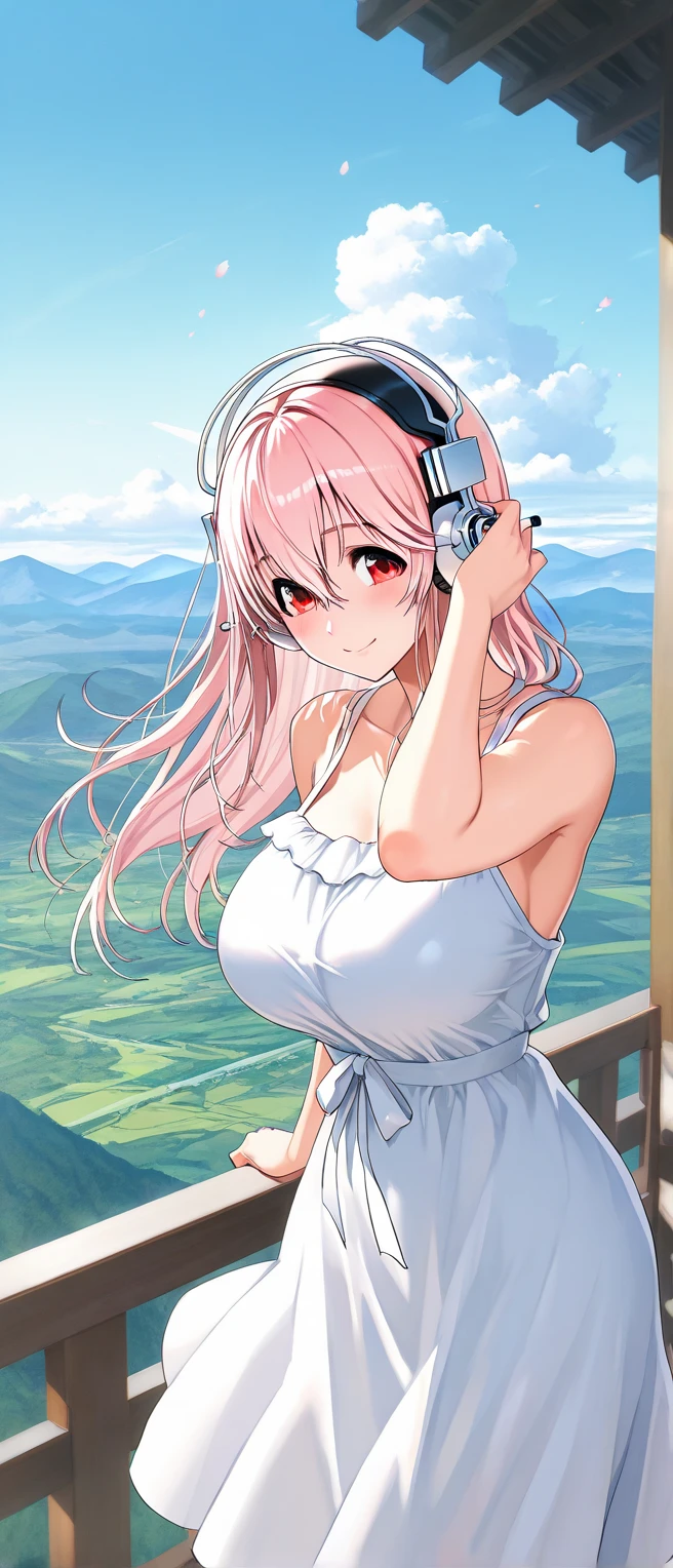 (masterpiece, high quality, best quality, 4k, 8k:1.4), 1girl, solo, pink hair, brown eyes, double-parted bangs, long hair, (mature female, mature:1.2), mole under eye, hoop earrings, strap white dress, detailed face, beautiful detailed eyes, beautiful detailed lips, extremely detailed face, long eyelashes, intricate details, soft lighting, soft color pallette, perfect anatomy