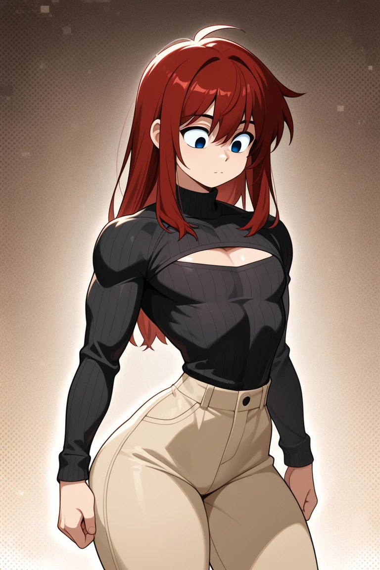 Ranmachan, Red hair, Braided hair, blue eyes, detailed eyes, Whole body, lindosexyrobutts, tight black blouse, black crop top, exposed navel, clothing attached to the body, tanga sexy