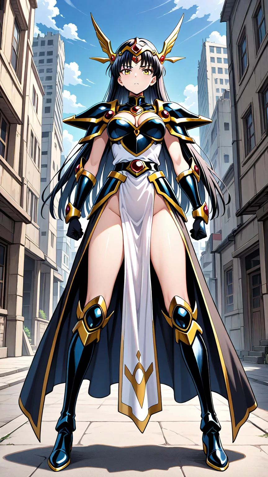 ANIME 
1girl, long hair, Ebony skin, ebony-skinned female, magenta hair,  hair over one eye, busty, gorgeous plump body, makeup, huge and round breasts, ponytail, yellow eyes, lips, thick thighs, metallic-Grey hair, yellow Elizabeth Mably's clothes, Elizabeth Mably's skirt, serious face, white high socks