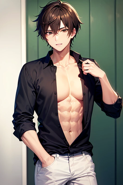 1boy, 1solo, black hair, short hair, brown eyes, hair between eyes, ash ketchum, suit, watch, unabuttoned shirt, shirtless, undressing, he's pulling his pants down showing his crotch