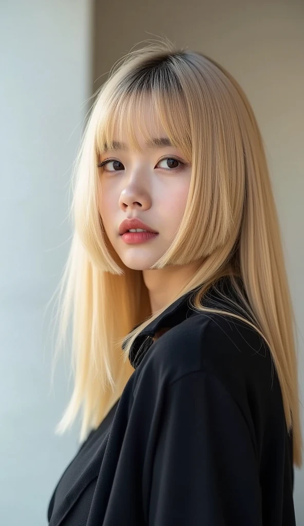 Masterpiece, top quality, higher, 1 girl, beautiful face, (simple background: 1.2), Asian, (black business suit), white skin, blonde hair, twice Sana