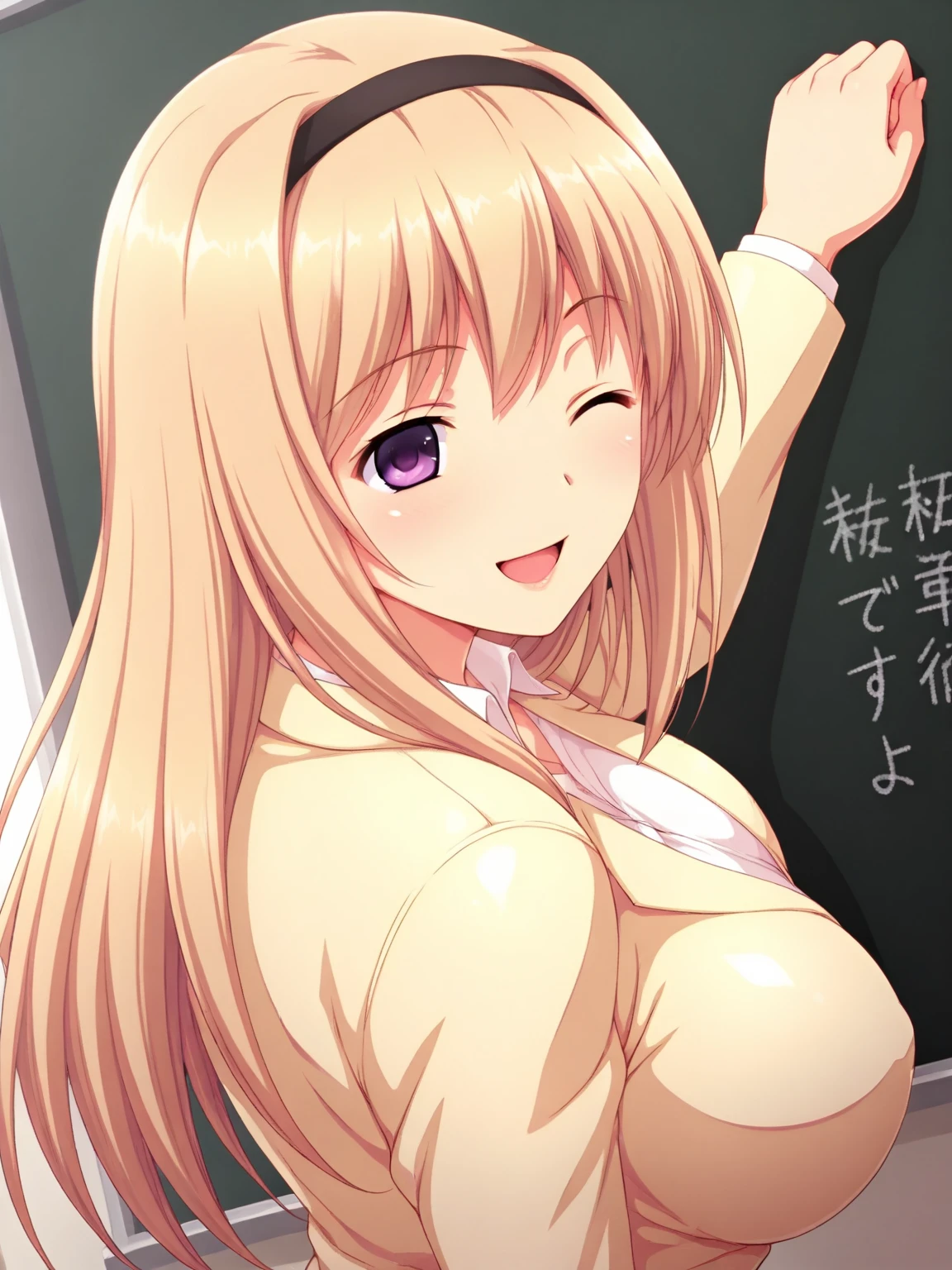 masterpiece, (6 years old:1.5), 、(oppai loli:1.5), smile, (completely nude:1.3), disproportionate huge breasts, slender, standing, classroom.