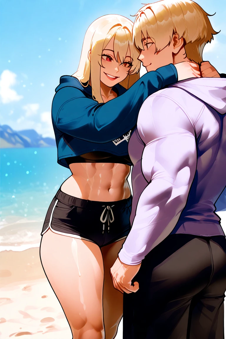 Male teen and female, both huge and muscular, comparing size and strength at the beach:
Two imposing figures of a male teenager and a female, each exhibiting impressive muscles, engaged in a friendly comparison at the sandy shore. The male teen, standing tall with broad shoulders and bulging biceps, showcased his immense physique, while the female, boasting similarly impressive arm muscles and a curvaceous figure, displayed her own muscularity with confidence.
The sun's golden rays cast long shadows on the sand as they compared the size and strength of their respective bodies. The male teen flexed his bicep, drawing admiring glances from passersby, while the female